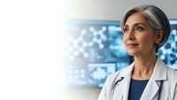 Middle-aged Caucasian female doctor in white coat with stethoscope looking confidently ahead in modern medical facility with digital displays in background.