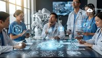 Diverse medical team collaborating with futuristic holographic technology and digital interfaces in modern healthcare facility.