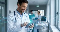 Smiling middle-aged Caucasian male doctor using digital tablet with holographic medical interface in modern hospital corridor for healthcare technology.