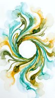Watercolor swirling abstract design with flowing turquoise, yellow, and green brushstrokes forming circular pattern on white background. Isolated artwork suitable for graphic design, textiles, and digital projects.