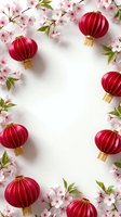 Red paper lanterns and pink cherry blossoms frame white background for lunar new year celebration and spring festival decorative border design.