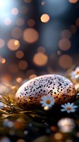 Speckled egg nestled in grass with small white daisies, illuminated by warm bokeh lights creating magical spring atmosphere. Natural Easter composition.