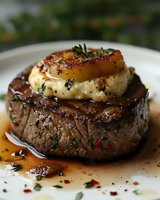 Grilled beef tenderloin steak topped with creamy mashed potatoes and caramelized onion, garnished with fresh herbs and pepper in savory sauce on white plate.
