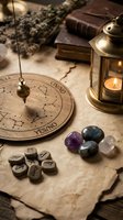 Mystical divination setup with pendulum, crystals, runes and brass lantern on ancient parchment for fortune telling and spiritual guidance practices.