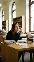 Young woman student studying in university library with books, contemplating academic research in classical reading room with arched windows.