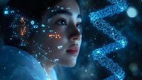 Young woman with fair complexion gazes upward surrounded by glowing blue DNA helix and digital icons, representing biotechnology, genetic research, and scientific innovation for healthcare and medical advancement.
