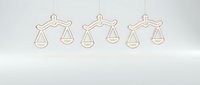 Three isolated gold scale of justice ornaments hanging on white background, suitable for legal, law firm, and holiday design projects.