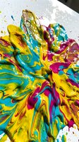 Vibrant liquid paint explosion with swirling yellow, blue, magenta, and gold colors splashing across white surface, creating dynamic abstract art for creative projects.