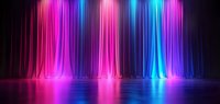 Glowing neon curtains with vibrant pink, purple and blue lights creating dramatic stage backdrop with reflective floor surface for entertainment events.