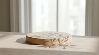 Minimal beige round podium with leaf shadow on soft linen surface, natural sunlight background for product display presentation.