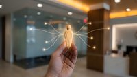 Man holding glowing light bulb with digital connection lines in modern office space, representing innovation, ideas, and smart business solutions.