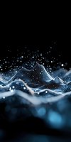 Abstract digital landscape with flowing blue mesh waves and glowing particles against black background, creating futuristic technology visualization.