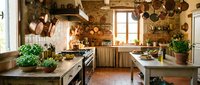 Rustic farmhouse kitchen with copper pots, stone walls, terracotta floors, and fresh herbs, bathed in warm natural light from a vintage window.