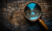 Vintage magnifying glass with wooden handle on rustic wood surface showing blue sky reflection through lens, creating dramatic contrast and mystery mood.