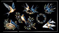 Blue and orange swallows with botanical elements isolated on transparent background, ready for t-shirt design, clipart, stickers, sublimation, and print-on-demand projects.