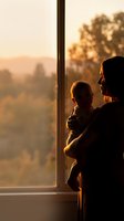Father holding baby silhouette at window during golden hour sunset creating warm family moment with soft natural lighting and peaceful atmosphere.