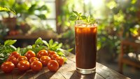 Fresh tomato juice in glass with basil garnish on wooden table surrounded by ripe red tomatoes in sunny garden setting for healthy lifestyle concepts.