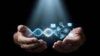 Hands holding glowing DNA helix with digital icons representing biotechnology, genetic research, medical innovation and scientific discovery in futuristic concept.