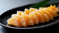 Fresh orange segments arranged in row on black ceramic plate, close up view with natural lighting and soft shadows, showcasing citrus fruit preparation.