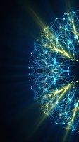 Abstract digital network with glowing blue and yellow connections on dark background for technology and data visualization concepts.