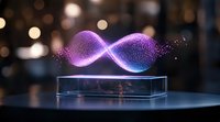 Glowing purple and blue wave of particles floating above transparent platform against dark background with bokeh lights, futuristic technology concept.