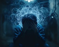 Person in dark surroundings with glowing ethereal light streams flowing from head, creating mystical atmosphere in blue tones. Conceptual mental health visualization.