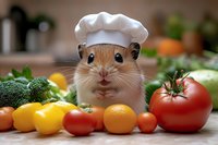 Adorable gerbil in chef hat surrounded by fresh vegetables and citrus fruits on wooden table, creating humorous cooking scene for food and pet concepts.