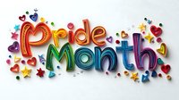 Colorful rainbow lettering Pride Month with decorative hearts and stars on light background, festive typography design for celebration and support.