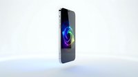 Smartphone with glowing neon circular holographic display showing futuristic technology interface, isolated on white background for app design and tech marketing use.