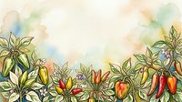 Watercolor garden border with hand-drawn peppers and foliage on isolated background, ready for design projects, invitations, and decorative layouts.