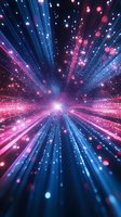Abstract cosmic tunnel with glowing blue and pink light rays radiating from central point against dark background with floating bokeh particles and sparkles.