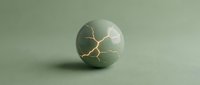 Cracked sphere with gold veins on muted green background, isolated for design projects, wallpapers, and digital art applications.