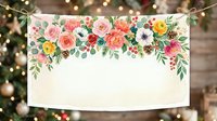 Floral garland with pink, red, and yellow roses, greenery, and foliage arranged across top of cream background, suitable for wedding invitations and event designs.