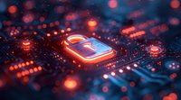 Glowing padlock icon on circuit board with neon red and blue lights, digital security concept background with bokeh effect and depth of field.