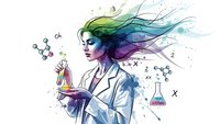 Female scientist with colorful flowing hair conducting chemistry experiment with molecular formulas and lab equipment in artistic watercolor style.