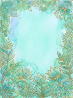 Ornamental turquoise and gold leaf frame with watercolor wash background, isolated on white for invitations, greeting cards, and design projects.