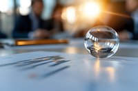 Glass sphere on office desk with blurred business people in background, warm lighting creates professional atmosphere for corporate concepts.