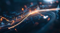 Glowing orange light trails and data visualization elements create dynamic curves against dark background with bokeh effects and depth of field for tech concepts.