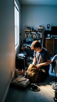 Young Caucasian male teen packing a backpack on floor of cluttered bedroom with books, guitar, and camera gear in natural window light.