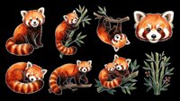 Red panda collection featuring sitting, climbing, and hanging poses with bamboo leaves. Isolated on transparent background, ready for t-shirts, stickers, clipart, sublimation, and print-on-demand designs.