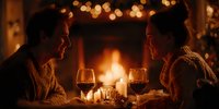 Romantic couple enjoying intimate dinner with wine by fireplace, cozy winter atmosphere with bokeh lights creating warm ambiance.