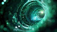 Digital tunnel with glowing binary code and particles in turquoise green colors creating futuristic cyber pathway effect against dark background.