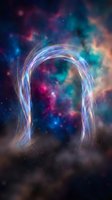 Glowing neon arch portal with vibrant blue, pink, and teal light trails against a cosmic nebula background with particles and bokeh effects for futuristic design projects.