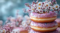 Stack of glazed donuts with pink icing and sprinkles decorated with delicate cherry blossom flowers on soft pastel background for spring dessert concepts.