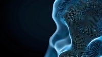 Digital wireframe silhouette of face profile made of glowing blue dots and lines on dark background, representing artificial intelligence and technology.