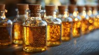 Small glass bottles with cork stoppers filled with golden liquid arranged in row on wooden surface with warm bokeh lights background for spa or aromatherapy.