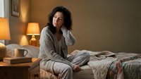 Young woman with dark hair sitting on bed in cozy bedroom wearing beige sweater, looking thoughtful and relaxed in warm morning light with coffee cup nearby.