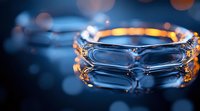 Elegant water crown splash frozen in time with golden backlight creating magical bokeh effect, macro photography on dark blue background.