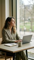 Professional businesswoman working on laptop at modern office desk by window, contemplating future plans and strategies in bright workspace.