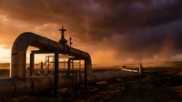 Industrial oil pipeline infrastructure stretching across desert landscape under dramatic stormy sunset sky with dark clouds and orange light.
